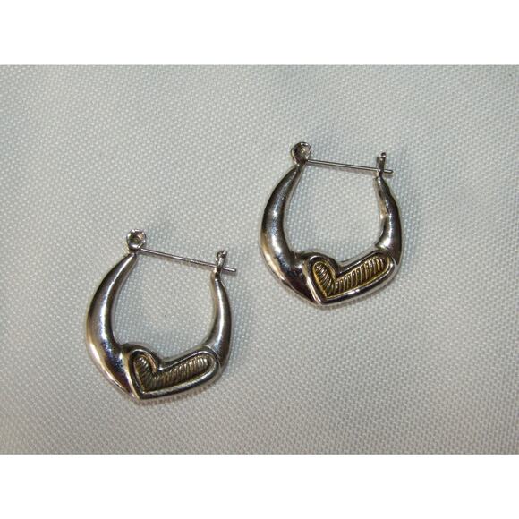 Silver Tone Hoop Gold Tone Check Detail Earrings Minimalist Neutral Boho Retro - Picture 2 of 4